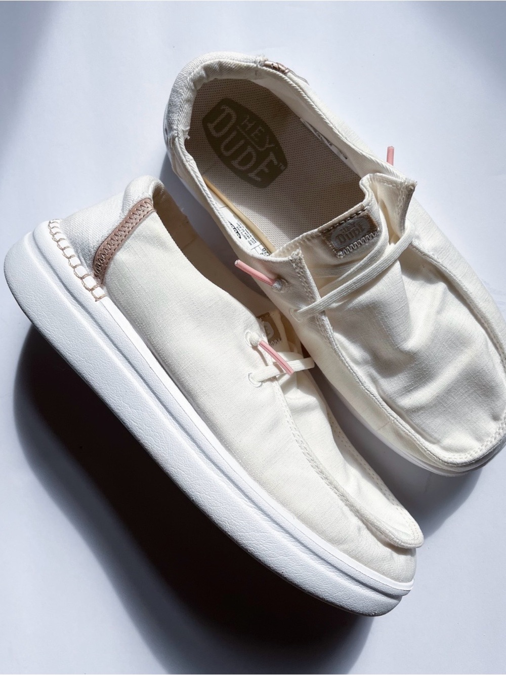 Hey Dude Off-White Canvas Slip-On Shoes with Pink Accents